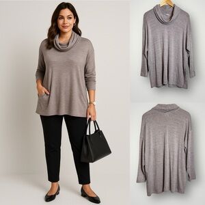 Purejill Cowl Neck Tunic Top Size XL Heathered Purple Gray Pockets Long Sleeve